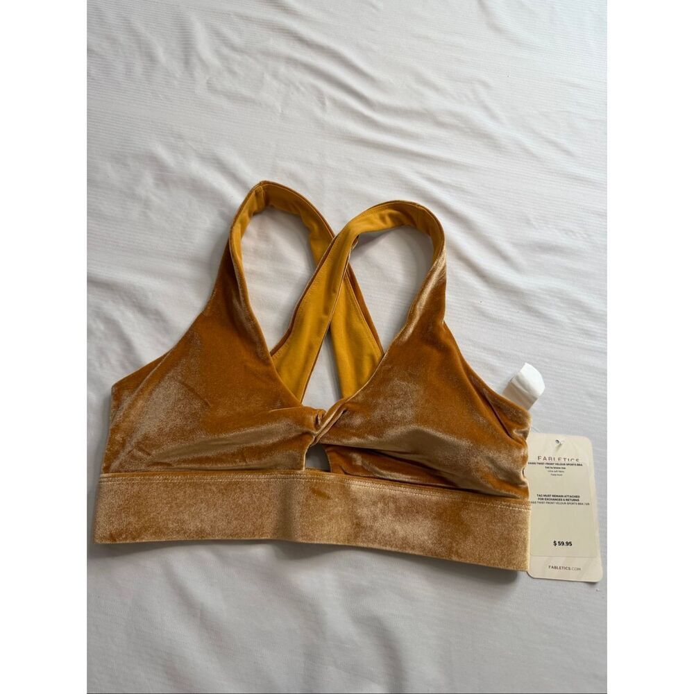 NWT Fabletics Oasis Twist Front Velour Golden Mustard Sports Bra Size Small New